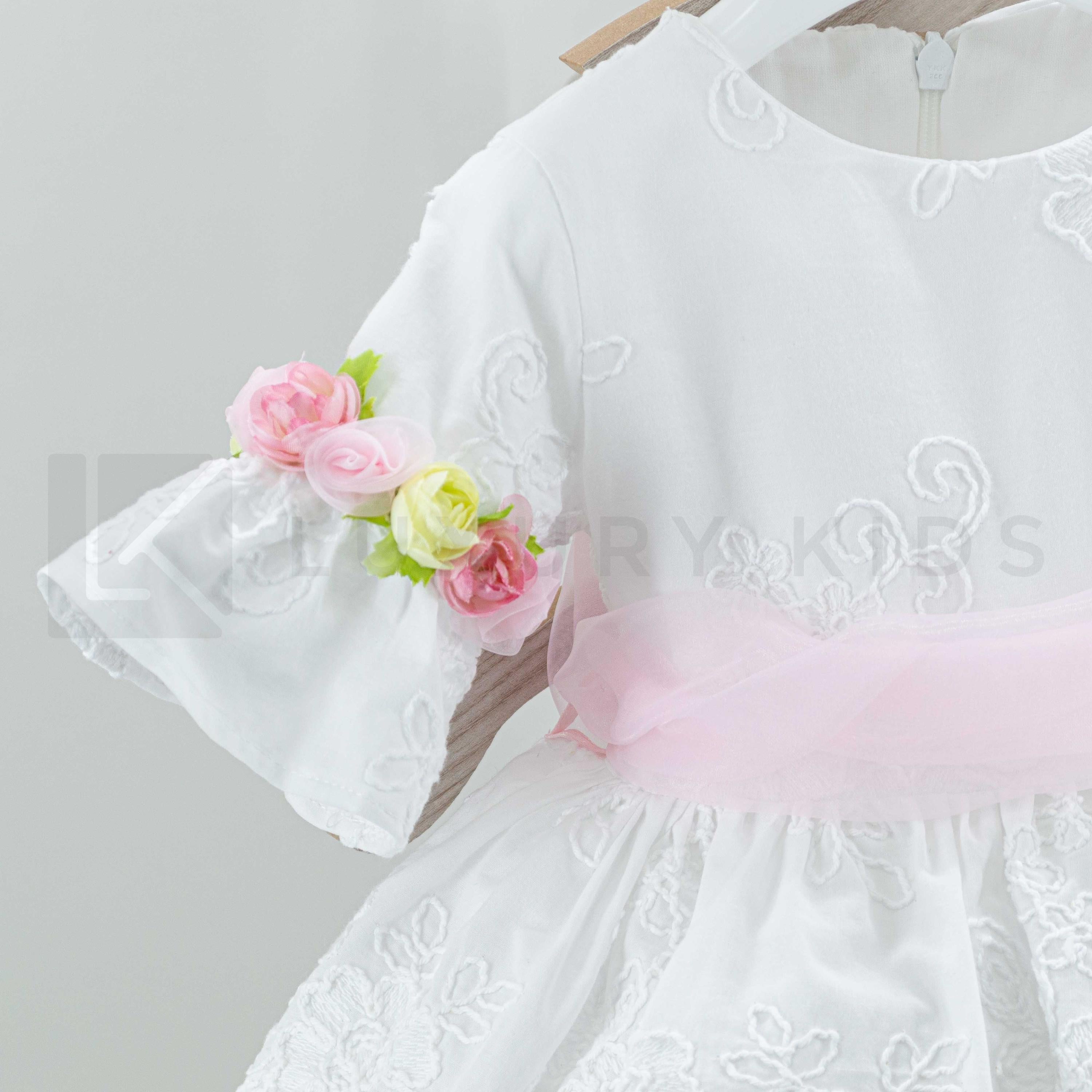 Abito Con Manichetta Coerta In Cotone Ricamato Bianco Neonata Bufi B487A - BUFI - LuxuryKids