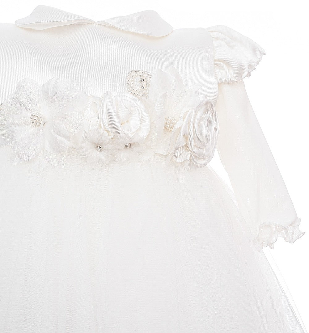 Abito Elegante Cerimonia Battesimo Raso e Tulle Bianco Neonata Les Petits Enfants TIFFANY - LE PETITS ENFANTS - LuxuryKids