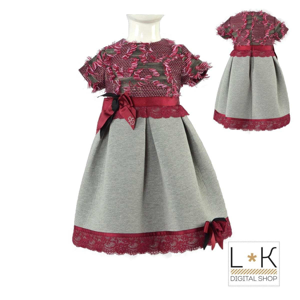 Abito Elegante Neonata Bordeaux-Grigio Piccola Speranza PS16039 - PICCOLA SPERANZA - LuxuryKids