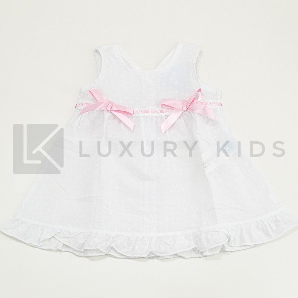 Abito In Plumetil Smanicato Bianco Con Fiocchi Rosa Neonata SARDON AP767 - SARDON - LuxuryKids