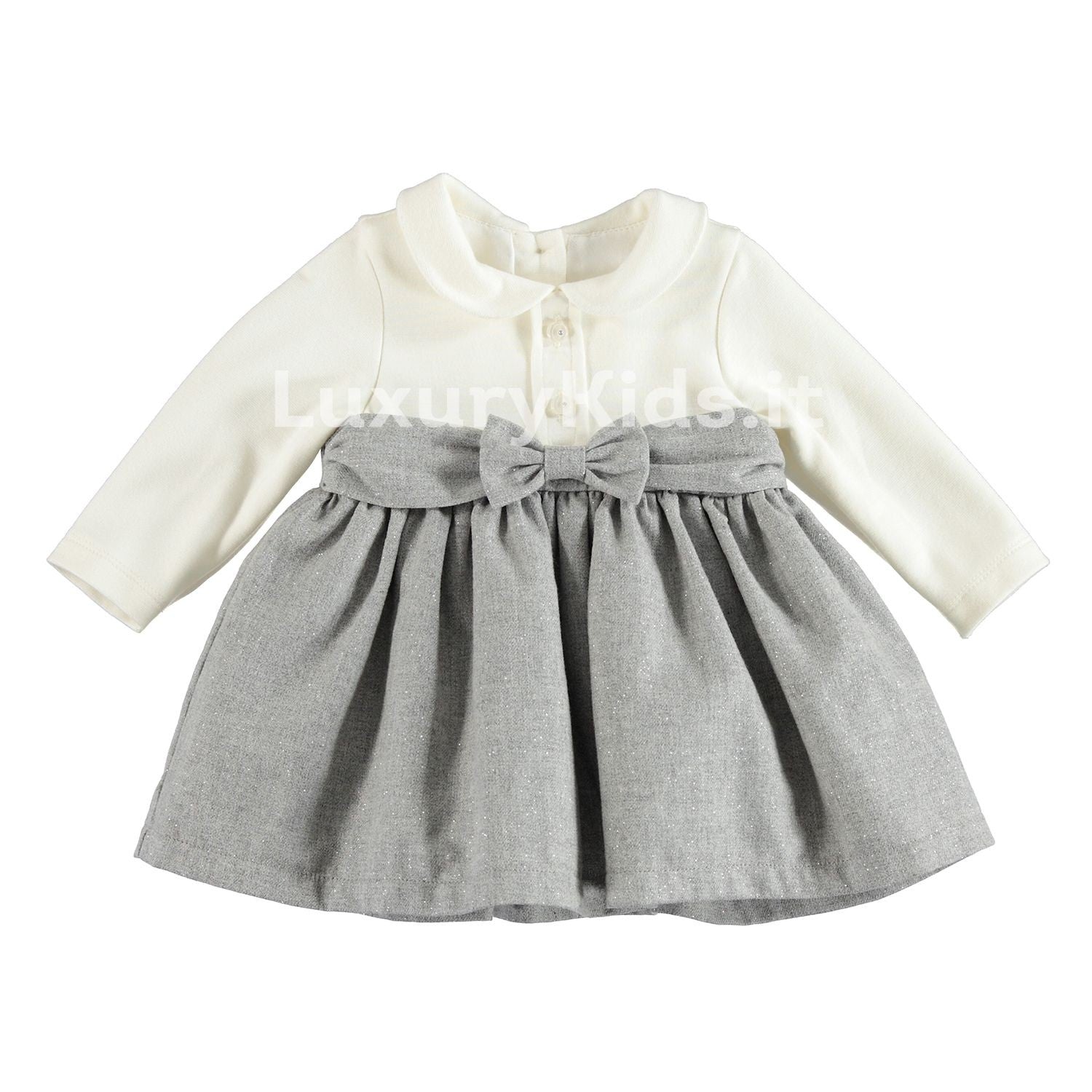 Abito in punto milano lurex con fiocco in Caldo Cotone Neonata Panna-Grigio Minibanda V755 - MINIBANDA - LuxuryKids