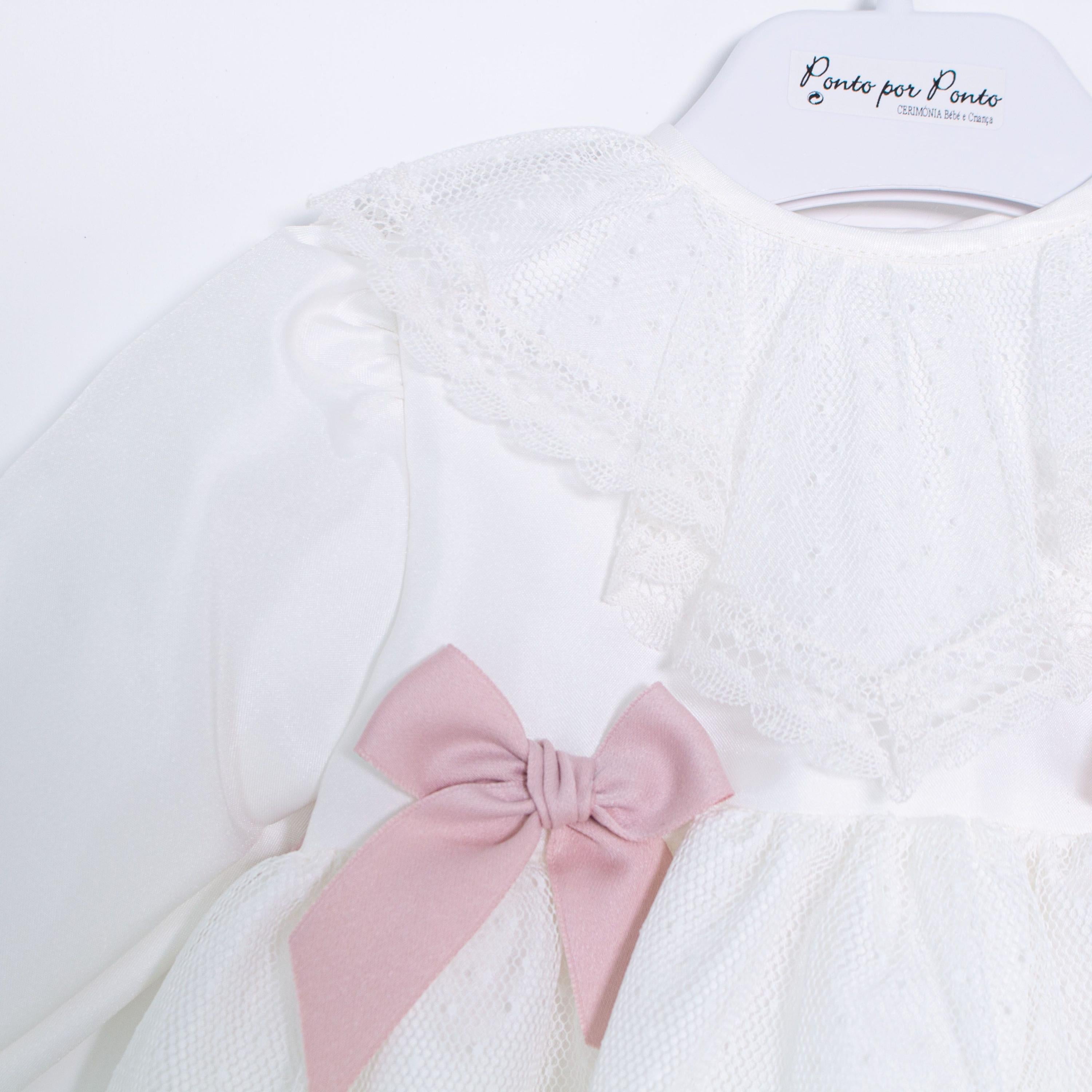 Abito Manica Lunga Elegante Raso Battesimo Panna 5642 Ponto Per Ponto - PONTO POR PONTO - LuxuryKids