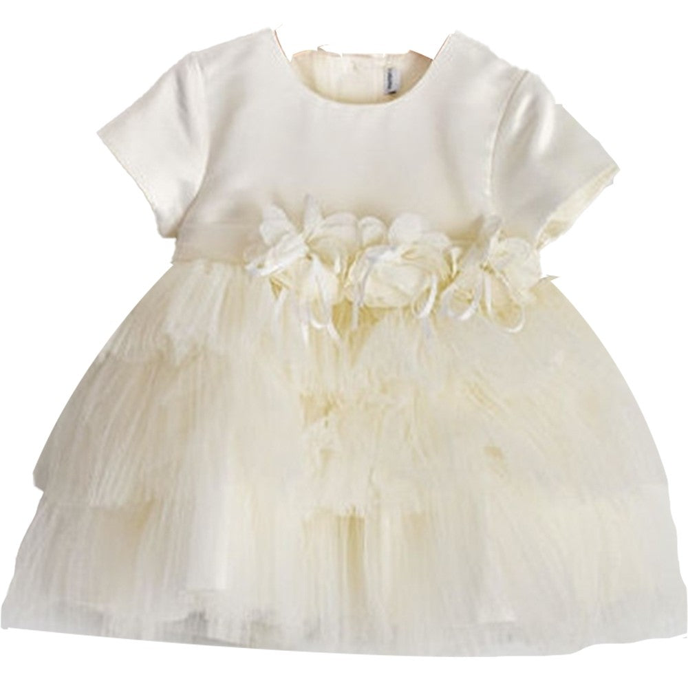 Abito Mezza Manica Panna Con Corpetto In Raso e Gonna In Tulle Neonata MINIBANDA 1728 - MINIBANDA - LuxuryKids