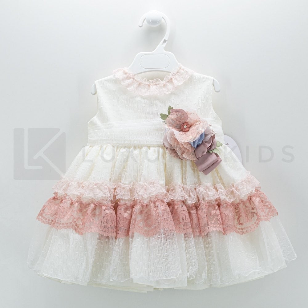 Abito Smanicato Elegante In Tulle Panna A Balze Rosa Bambina Carmy 2009 - CARMY - LuxuryKids