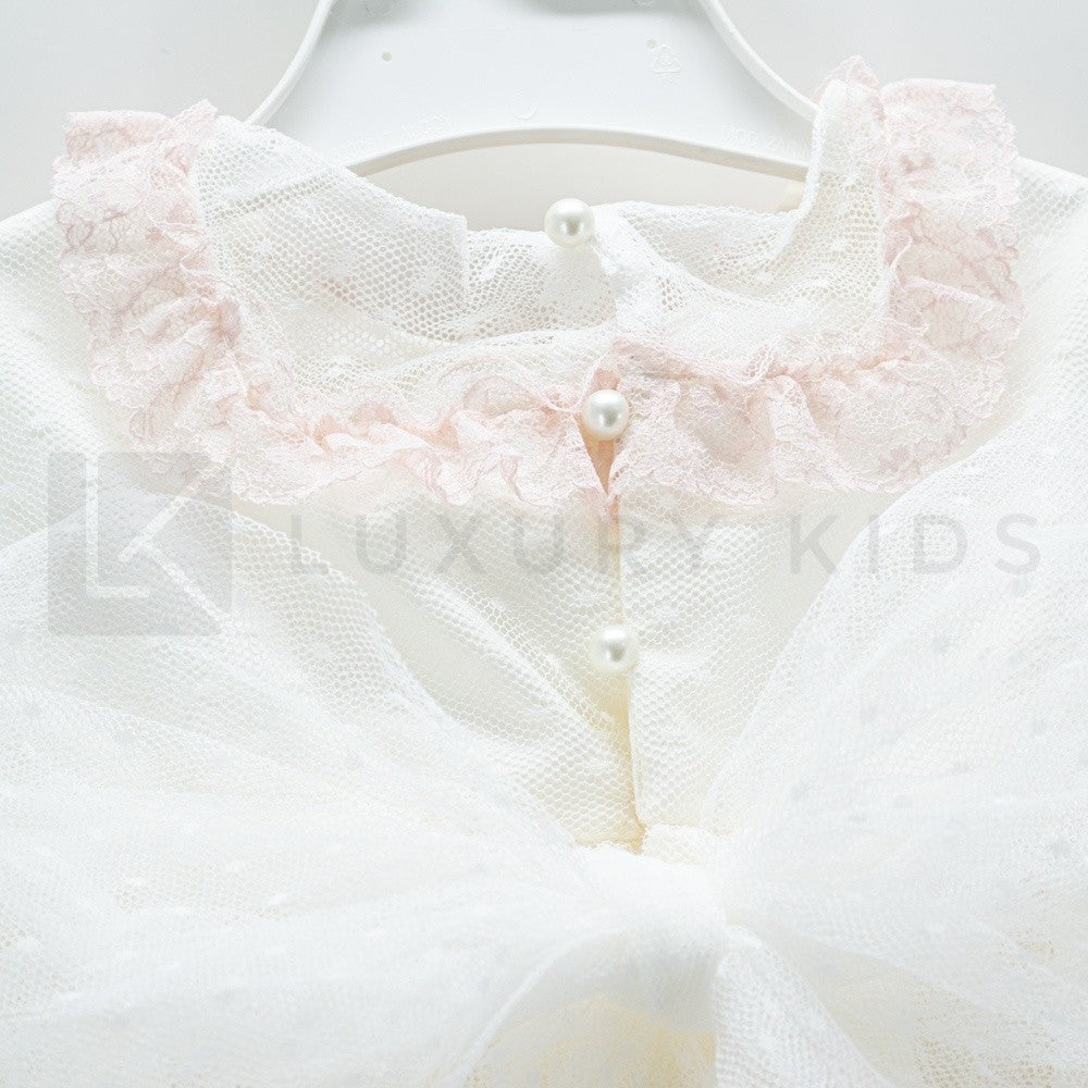 Abito Smanicato Elegante In Tulle Panna A Balze Rosa Bambina Carmy 2009 - CARMY - LuxuryKids