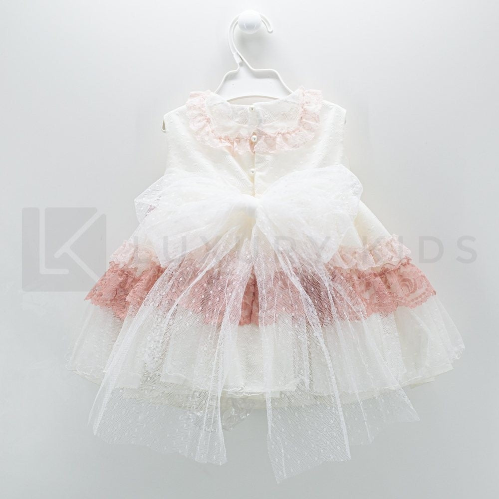 Abito Smanicato Elegante In Tulle Panna A Balze Rosa Neonata Carmy 2009 - CARMY - LuxuryKids