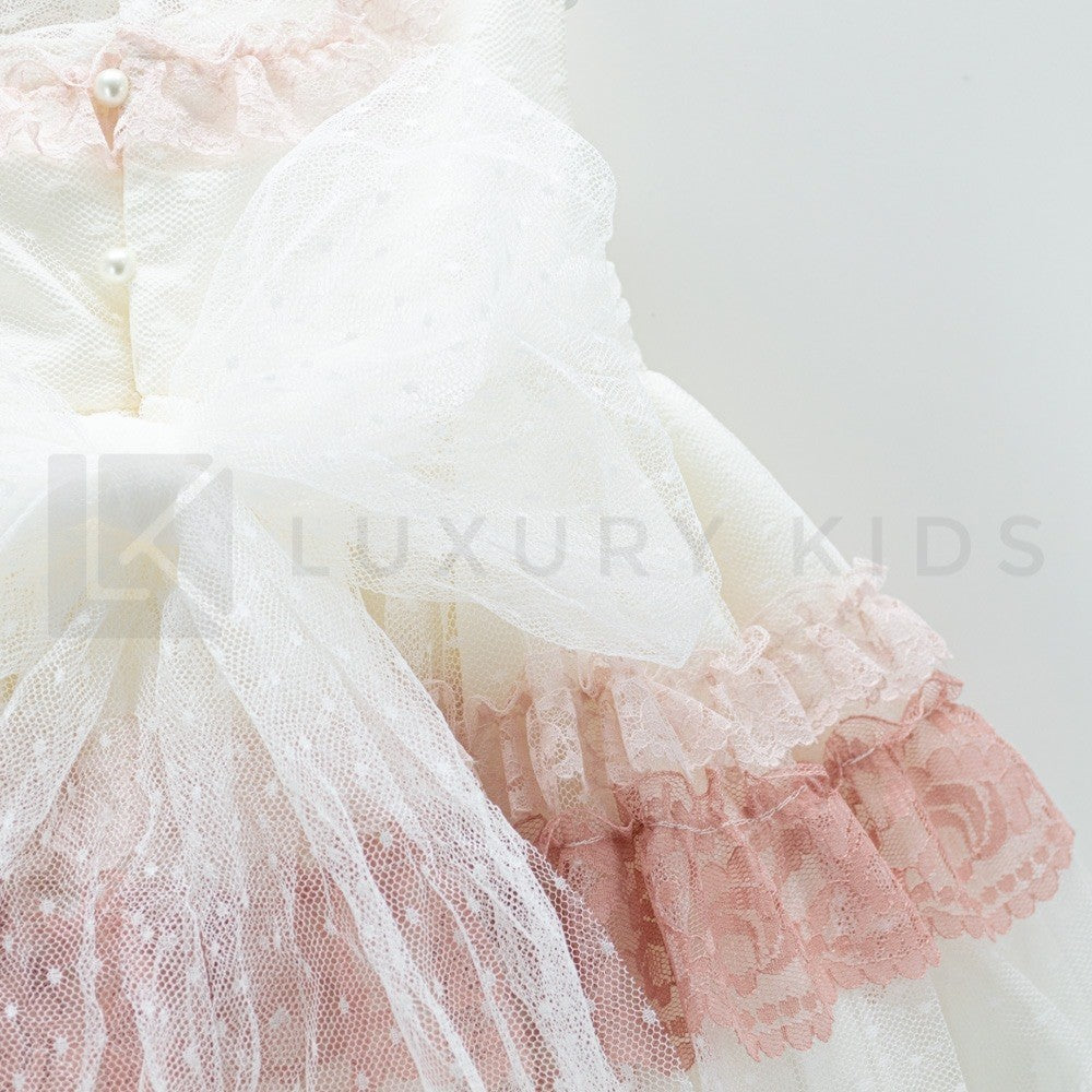 Abito Smanicato Elegante In Tulle Panna A Balze Rosa Neonata Carmy 2009 - CARMY - LuxuryKids