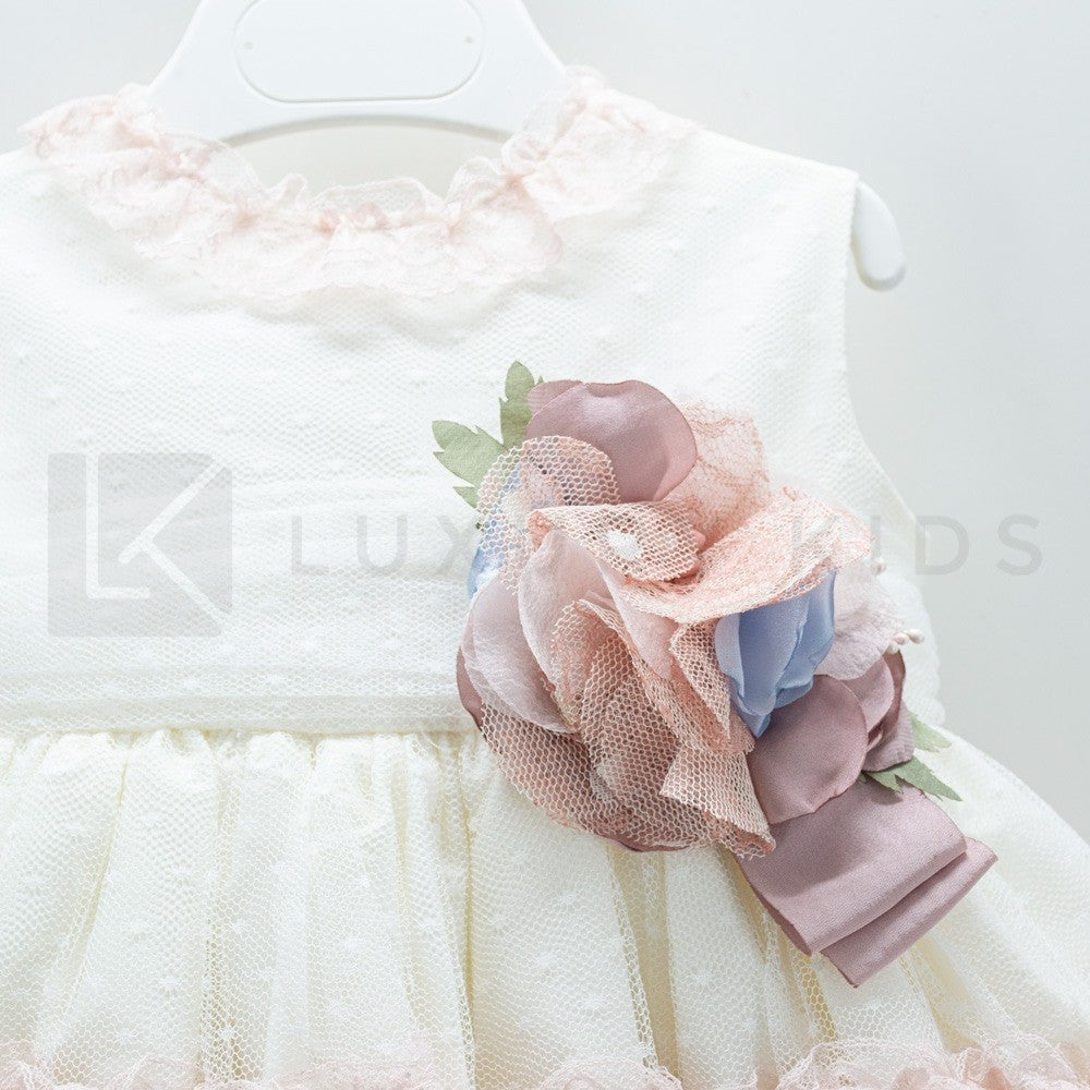 Abito Smanicato Elegante In Tulle Panna A Balze Rosa Neonata Carmy 2009 - CARMY - LuxuryKids