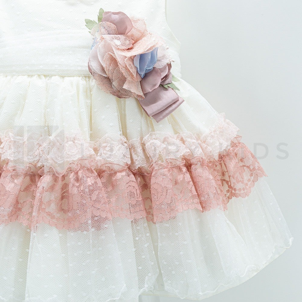 Abito Smanicato Elegante In Tulle Panna A Balze Rosa Neonata Carmy 2009 - CARMY - LuxuryKids