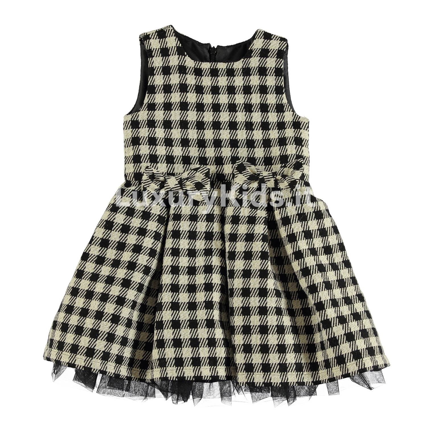 Abito Smanicato in Raffinato Tessuto Quadri Scozzese Nero-Oro Neonata Blu Sarabanda V231 - SARABANDA - LuxuryKids