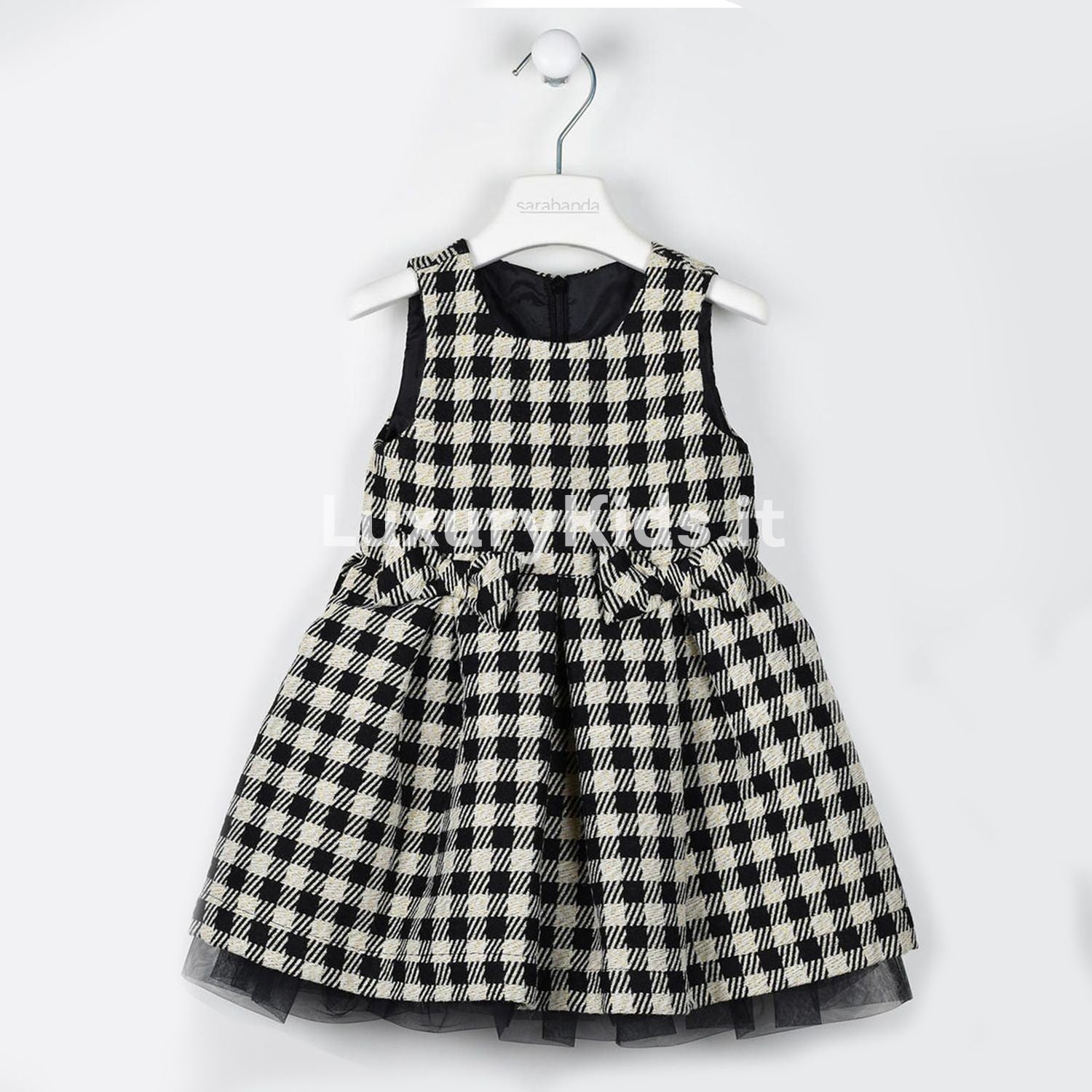 Abito Smanicato in Raffinato Tessuto Quadri Scozzese Nero-Oro Neonata Blu Sarabanda V231 - SARABANDA - LuxuryKids