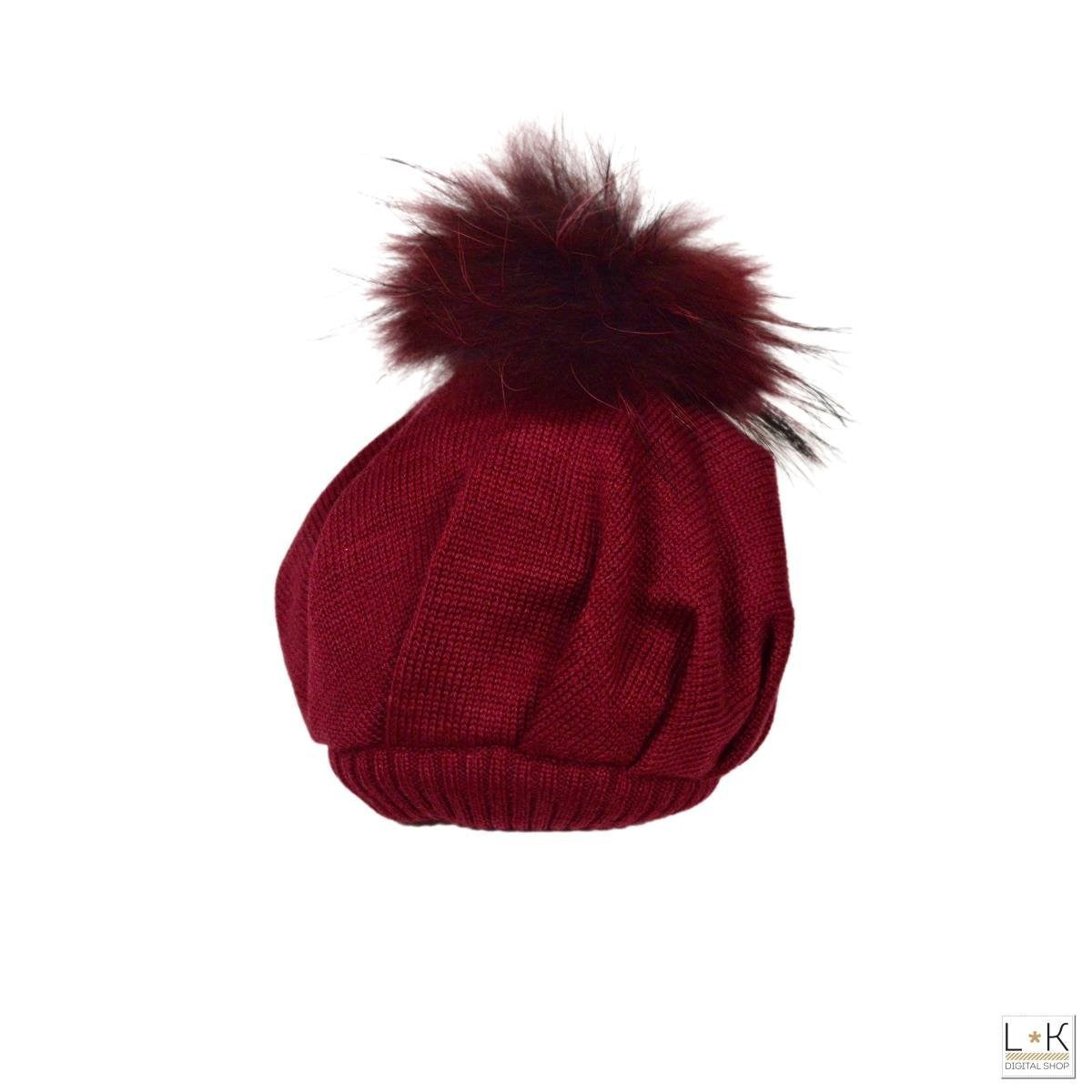 Basco in Lana con Pon-Pon in Volpe Unisex Bordeaux Creazioni Luana 802BX - CREAZIONI LUANA - LuxuryKids