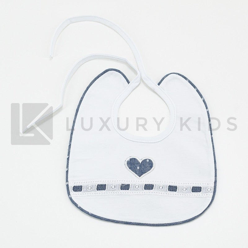 Bavetta in Cotone Bianco Con Inserti In Denim Neonata La Sartoria Dei Piccoli LB757 - LA SARTORIA DEI PICCOLI - LuxuryKids