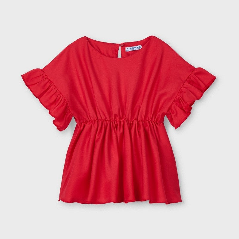 Blusa In Cotone Con Manica Volant Rossa Bambina MAYORAL 3194 - MAYORAL - LuxuryKids