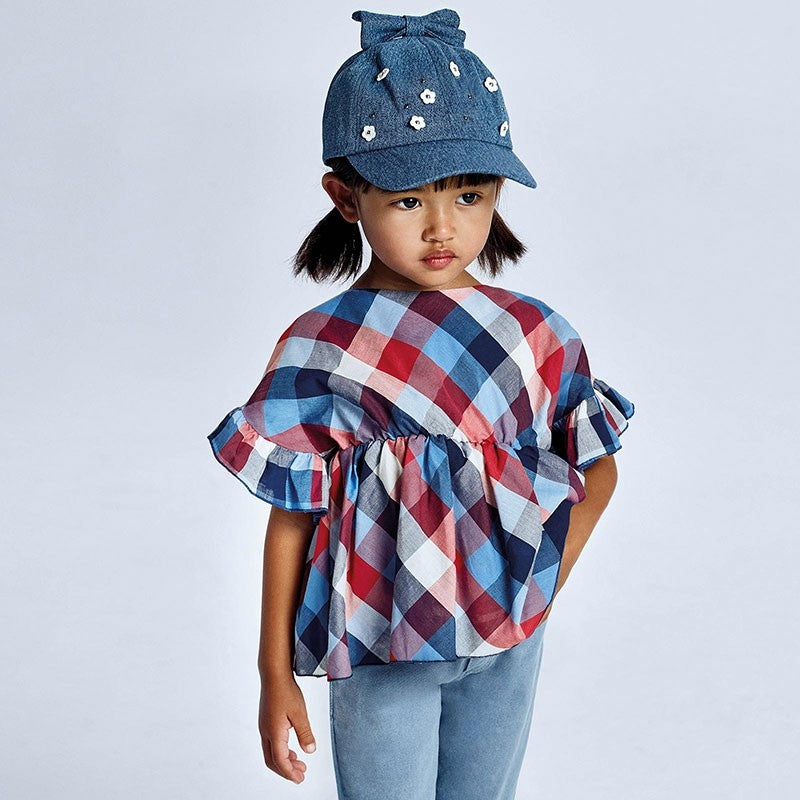 Blusa In Cotone Con Manica Volant A Quadri Bambina MAYORAL 3194Q - MAYORAL - LuxuryKids