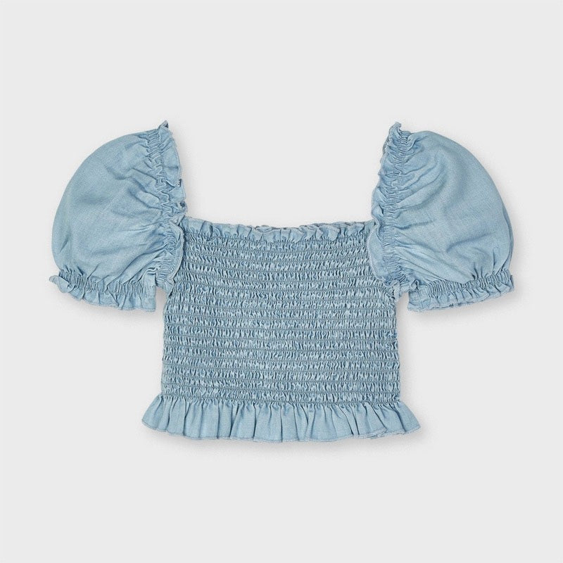 Blusa In Denim Crop Arricciata Bambina MAYORAL 3196 - MAYORAL - LuxuryKids