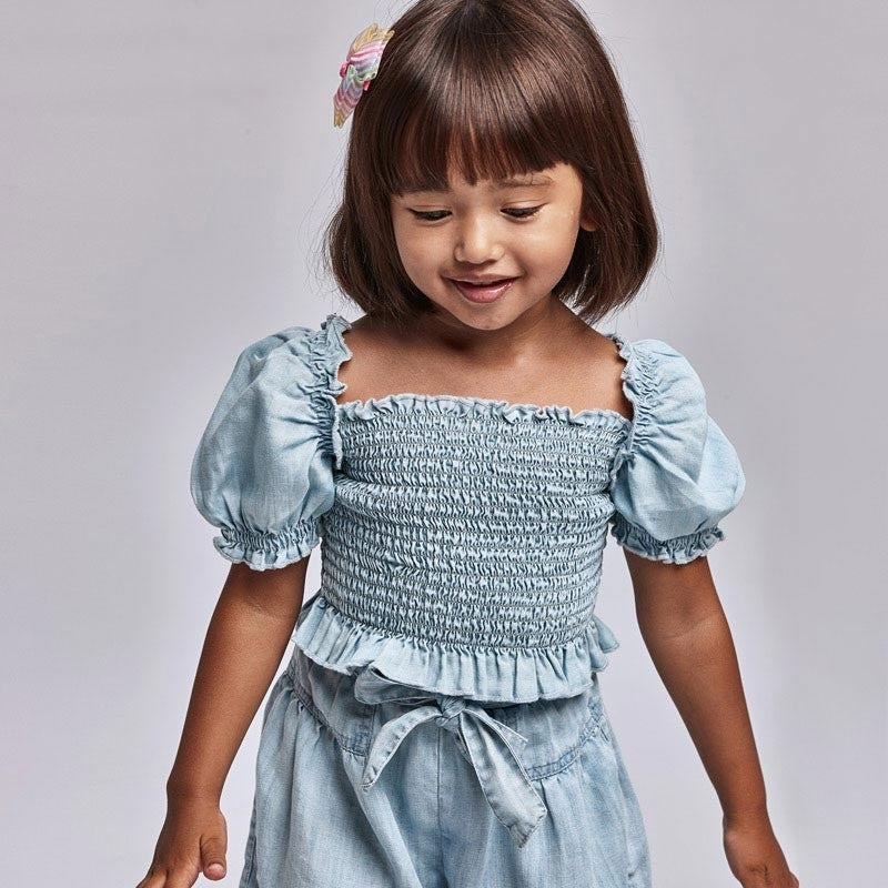 Blusa In Denim Crop Arricciata Bambina MAYORAL 3196 - MAYORAL - LuxuryKids