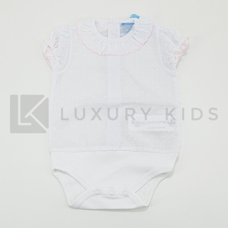Body In Cotone Plumetil Mezza Manica In Tinta Unita Bianco Con Collo Volant Neonata SARDON LA412 - SARDON - LuxuryKids