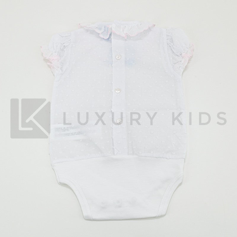 Body In Cotone Plumetil Mezza Manica In Tinta Unita Bianco Con Collo Volant Neonata SARDON LA412 - SARDON - LuxuryKids