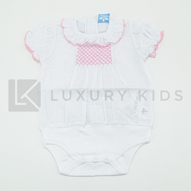 Body In Cotone Plumetil Mezza Manica In Tinta Unita Bianco Con Punto Smoke Rosa E Collo Volant Neonata SARDON LA413 - SARDON - LuxuryKids