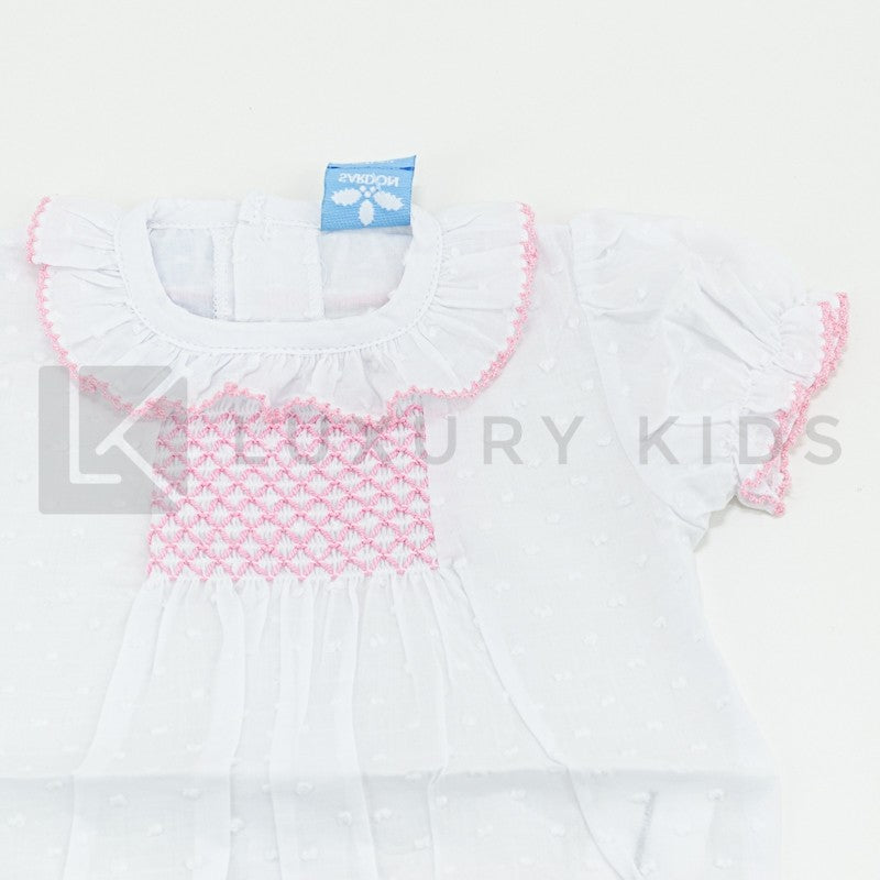 Body In Cotone Plumetil Mezza Manica In Tinta Unita Bianco Con Punto Smoke Rosa E Collo Volant Neonata SARDON LA413 - SARDON - LuxuryKids