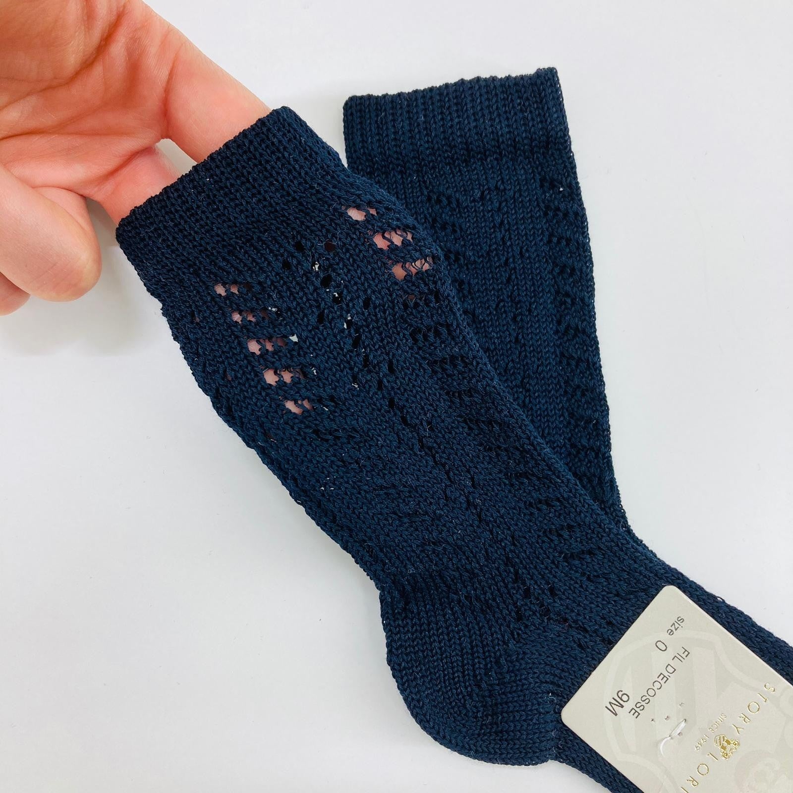 Calzettone In Filo di Scozia Lungo Traforato Blu Neonato Story Loris 07352 - STORY LORIS - LuxuryKids