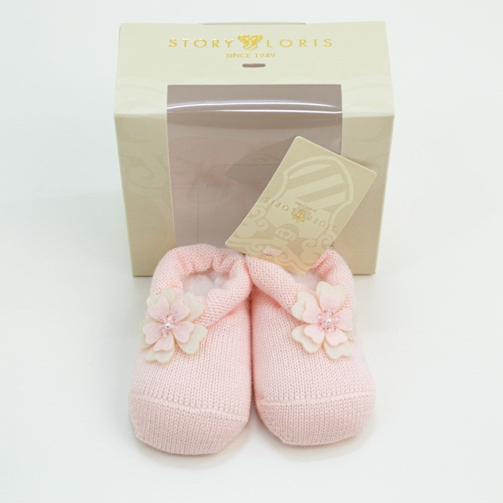 Calzino Scarpetta In 100% lana vergine Con Applicazione Di Fiore In Pannolencia Con Cristallo Neonata Story Loris 3279 - STORY LORIS - LuxuryKids