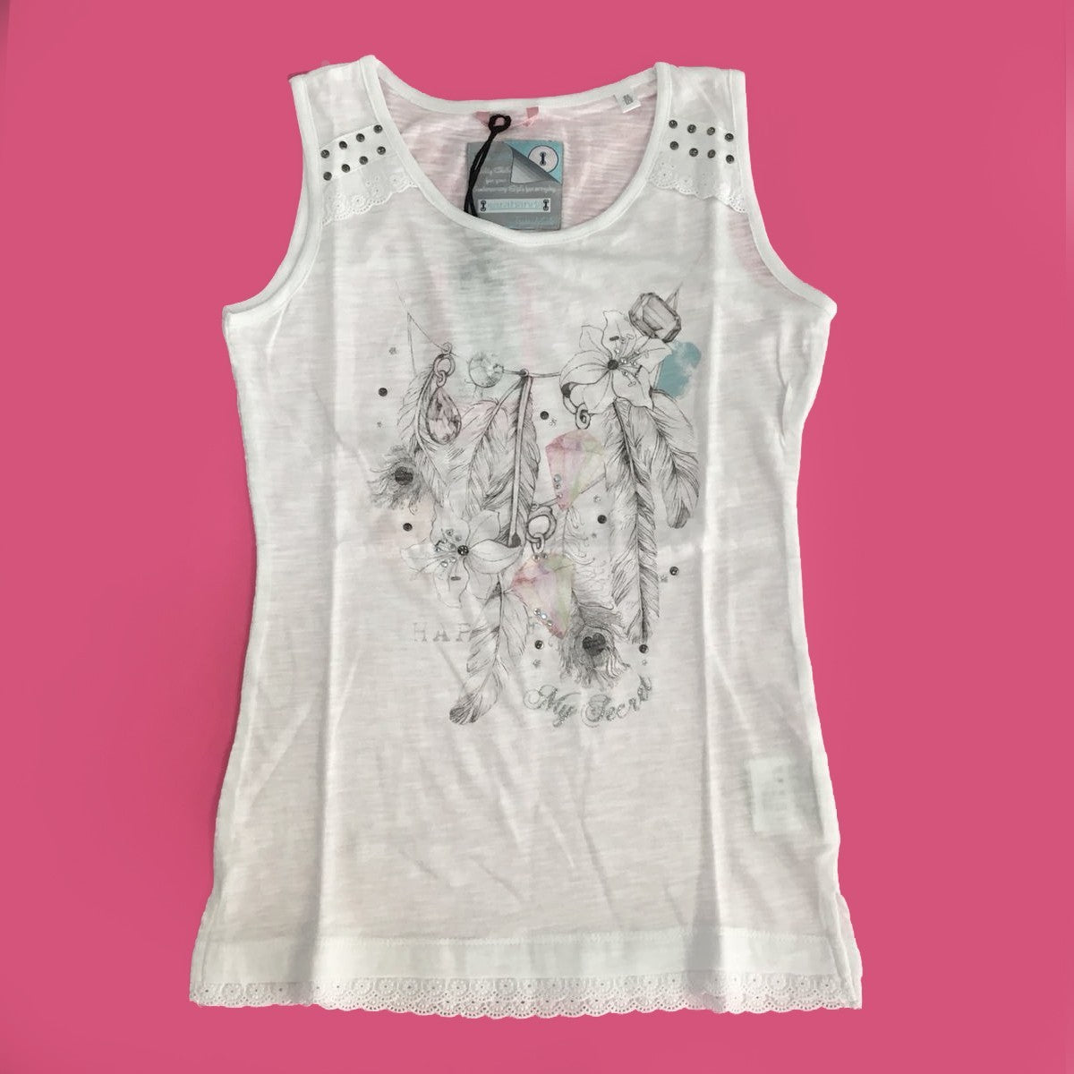 Canotta in Cotone Bianco con Stampa e Pizzo Bambina Sarabanda E658 - SARABANDA - LuxuryKids