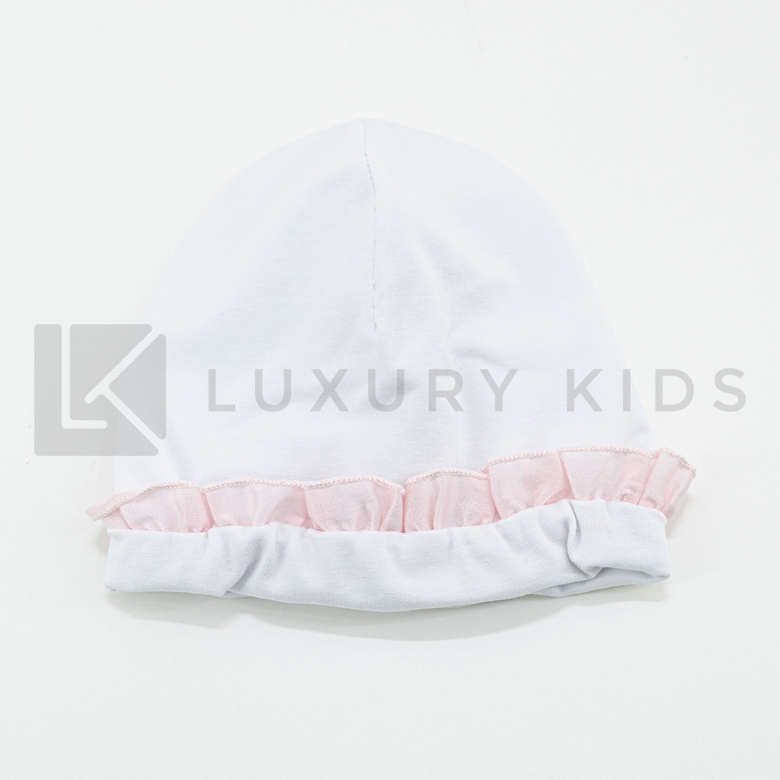 Cappello In Cotone Bianco Con Rouche Rosa Neonata LA SARTORIA DEI PICCOLI LK760 - LA SARTORIA DEI PICCOLI - LuxuryKids