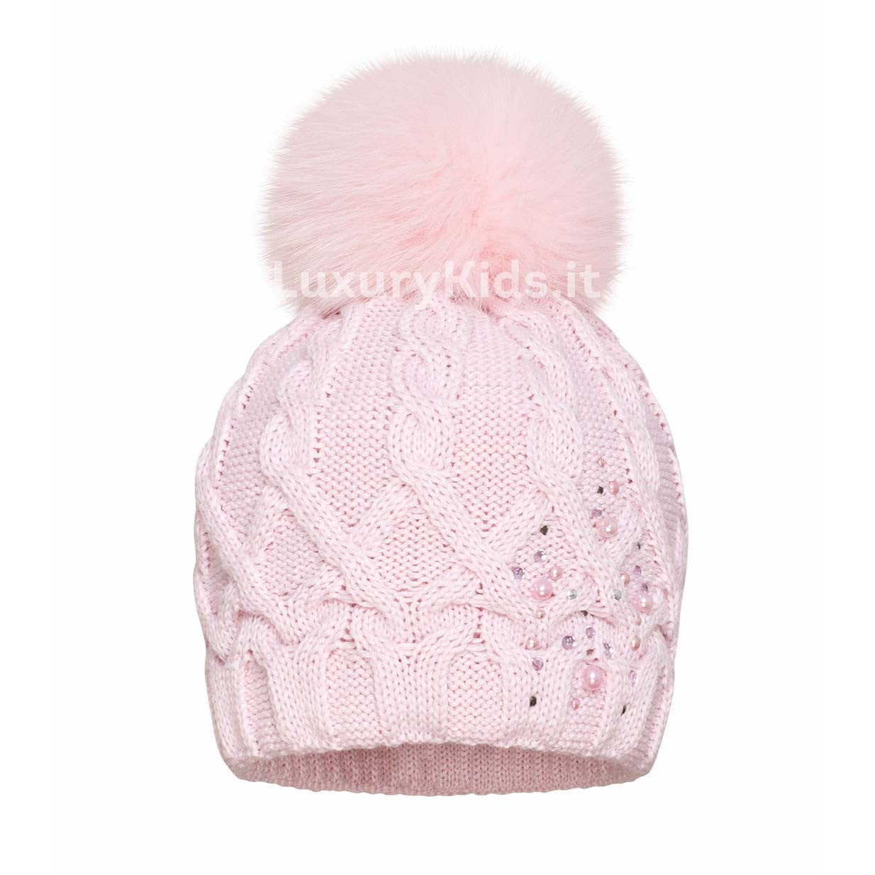 Cappello In Lana Rosa in Tinta Unita con Pon-Pon e Perline Per Neonata Barbaras WO20R - BARBARAS - LuxuryKids