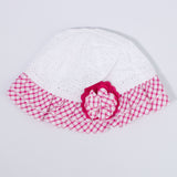 Cappello In Pizzo San Gallo Bianco Con Balza A Quadretti Rossa Neonata Ninnaoh E20143 - NINNAOH - LuxuryKids