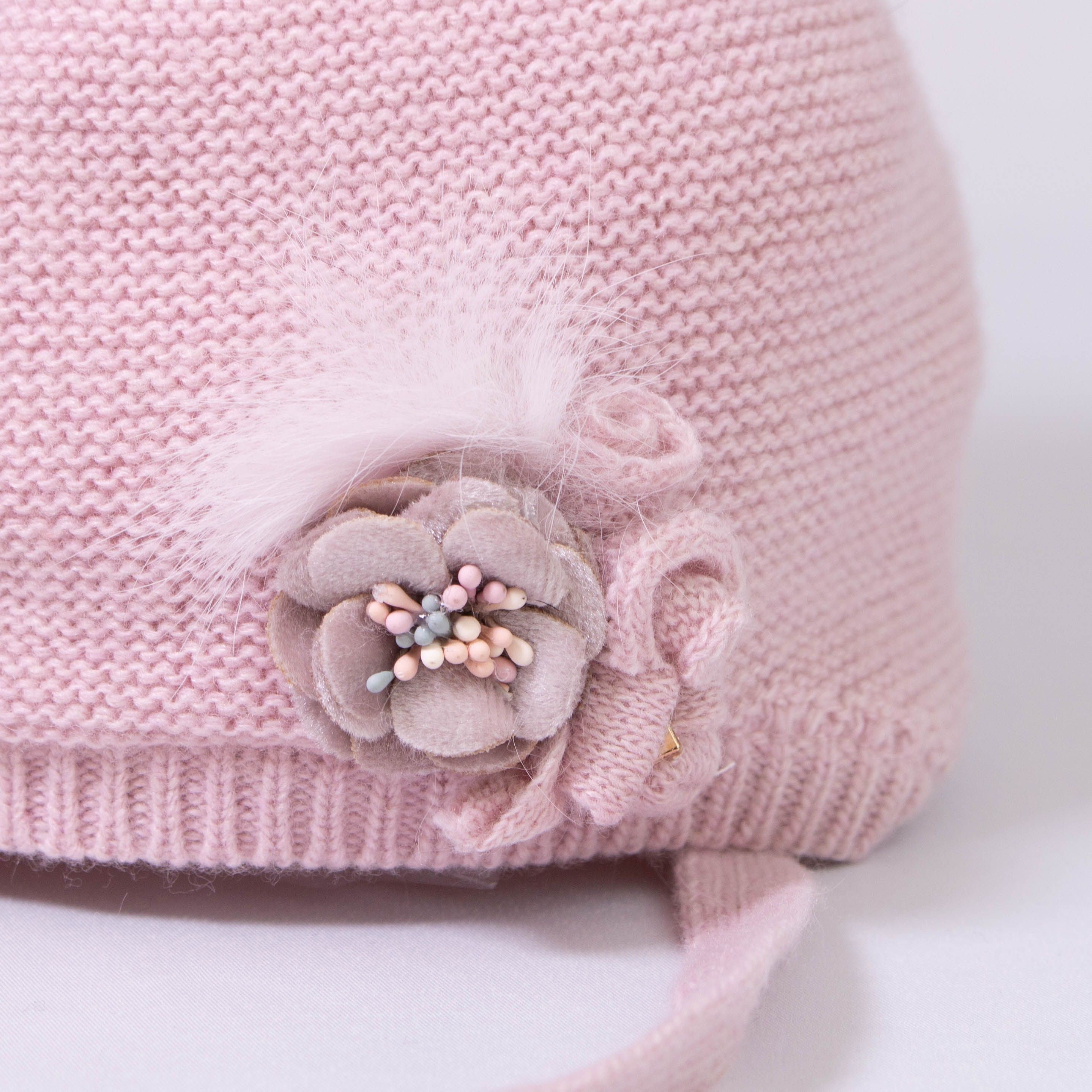 Cappello Misto Lana Con Pompon e Fiorellini Rosa Bambina Jamiks JZD241 - JAMIKS - LuxuryKids