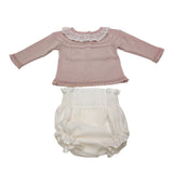 Completino In Filo Rosa Con Ruches Manica Lunga Con Culotte In Cotone Neonata GRANLEI 259 - GRANLEI - LuxuryKids
