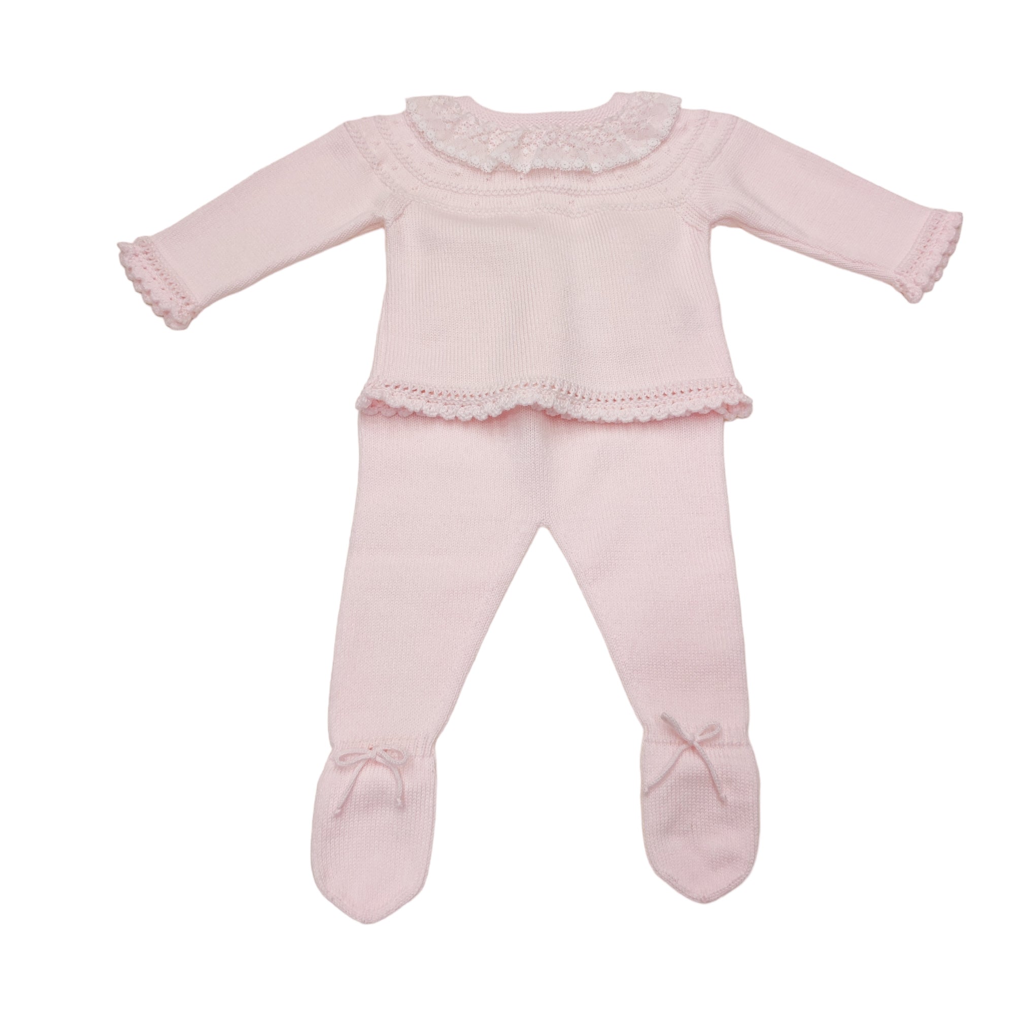 Tutina Spezzata Manica Lunga In Filo Rosa Baby Con Ruches In Pizzo Bianco Neonata GRANLEI 260 - GRANLEI - LuxuryKids