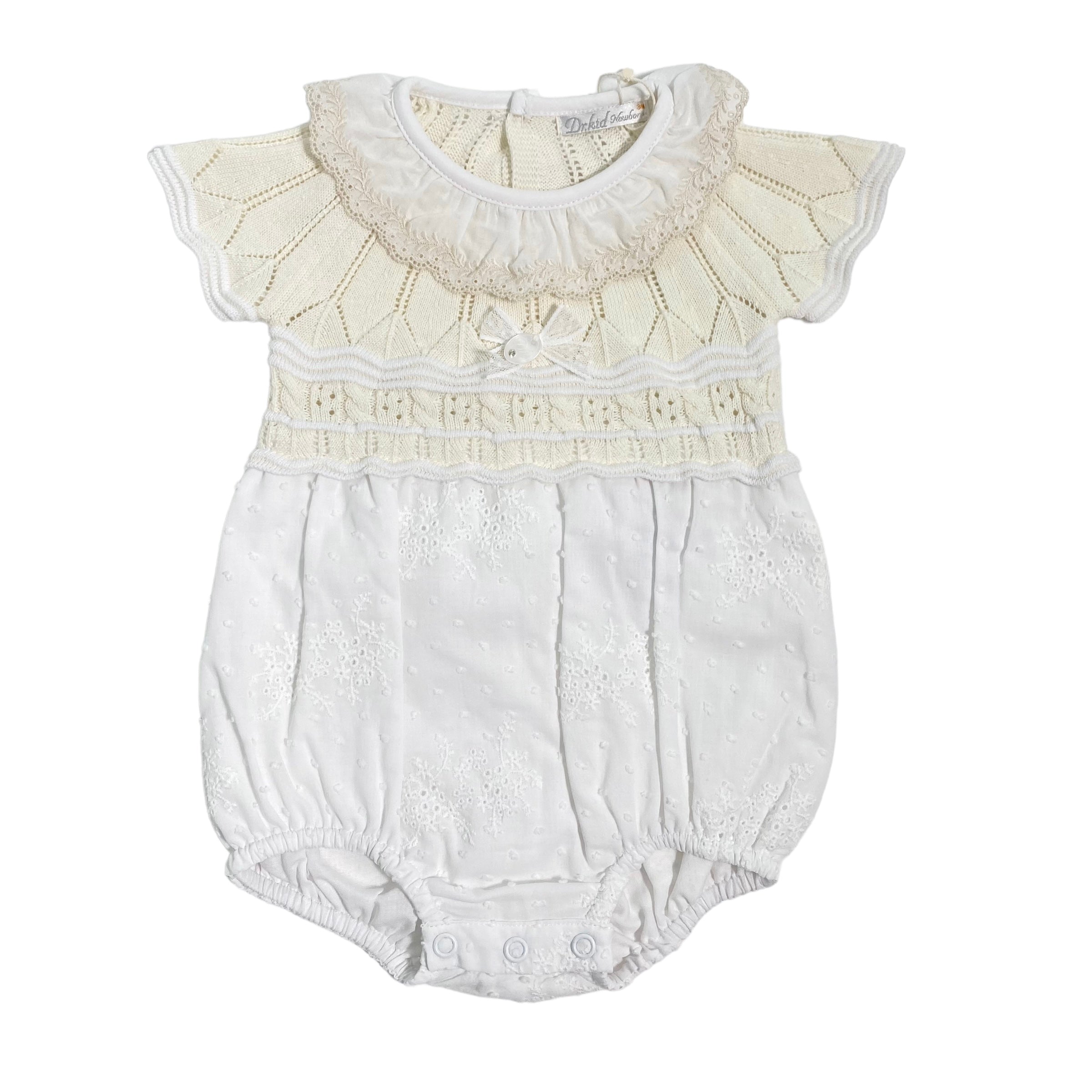 Pagliaccetto In Filo Di Cotone E Pizzo San Gallo Beige Neonata DR KID DK163 - DR KID - Luxury Kids