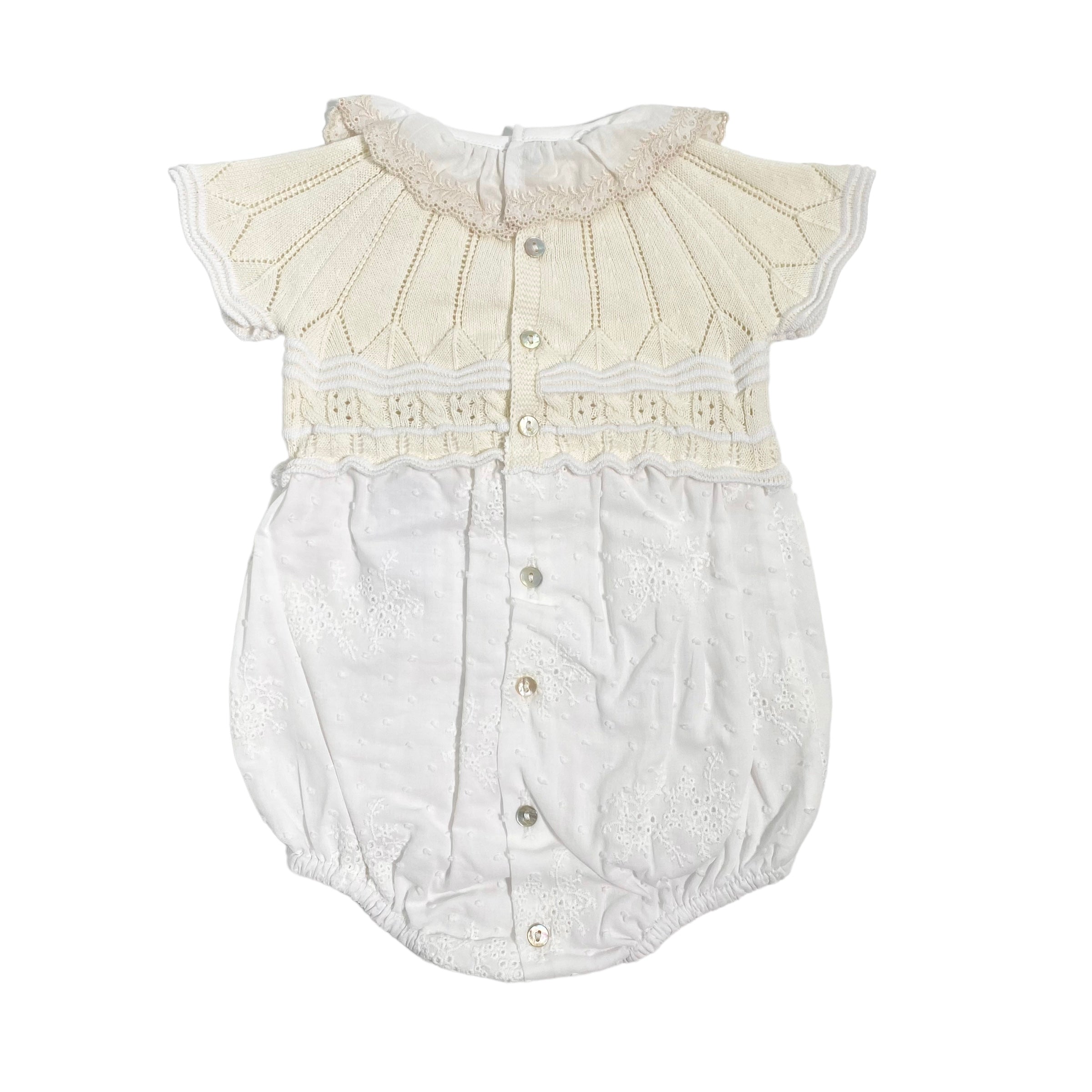 Pagliaccetto In Filo Di Cotone E Pizzo San Gallo Beige Neonata DR KID DK163 - DR KID - Luxury Kids