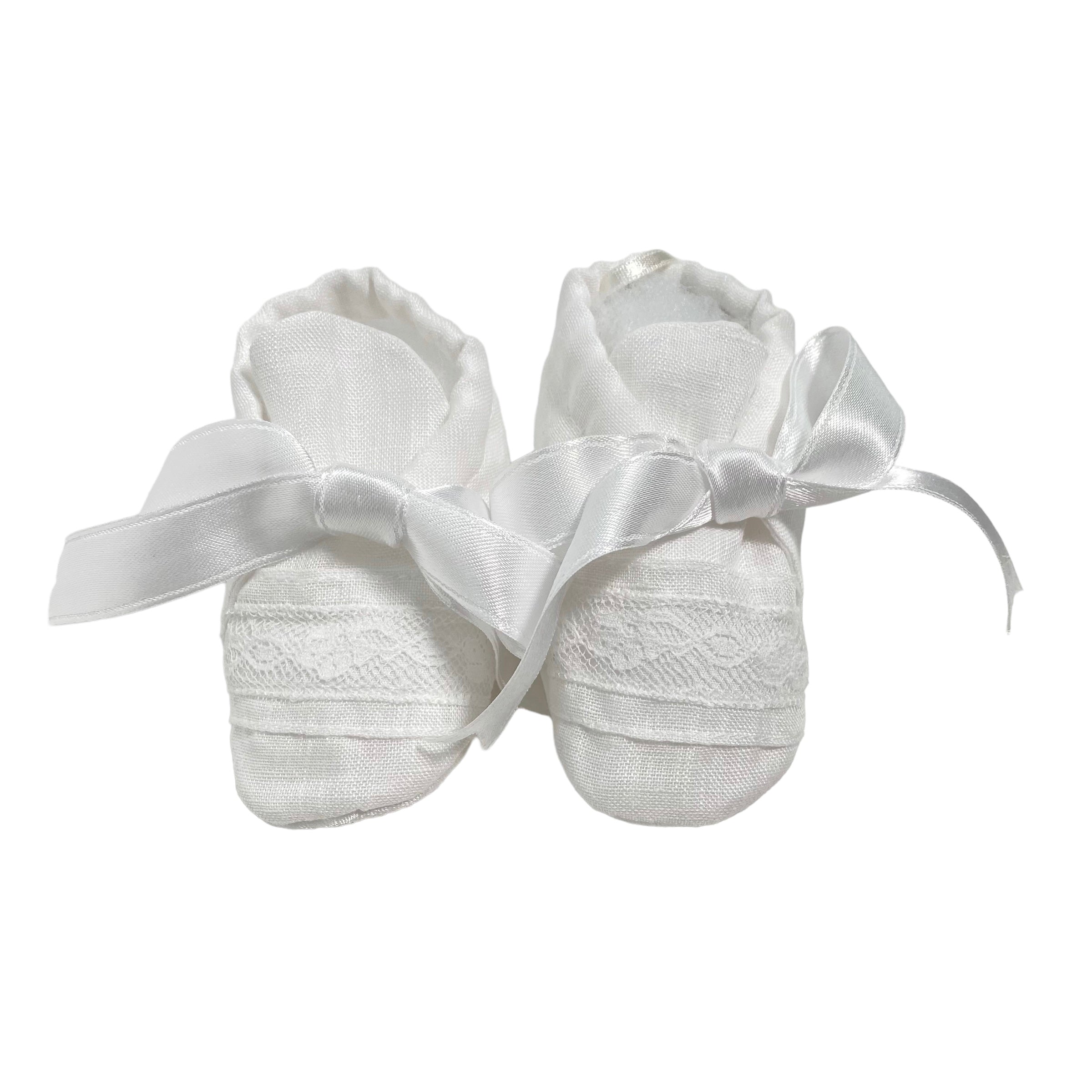 Scarpe Da Culla In Lino E Pizzo Bianche Neonato PICCOLA GIUGGIOLA LERICIS - PICCOLA GIUGGIOLA - Luxury Kids