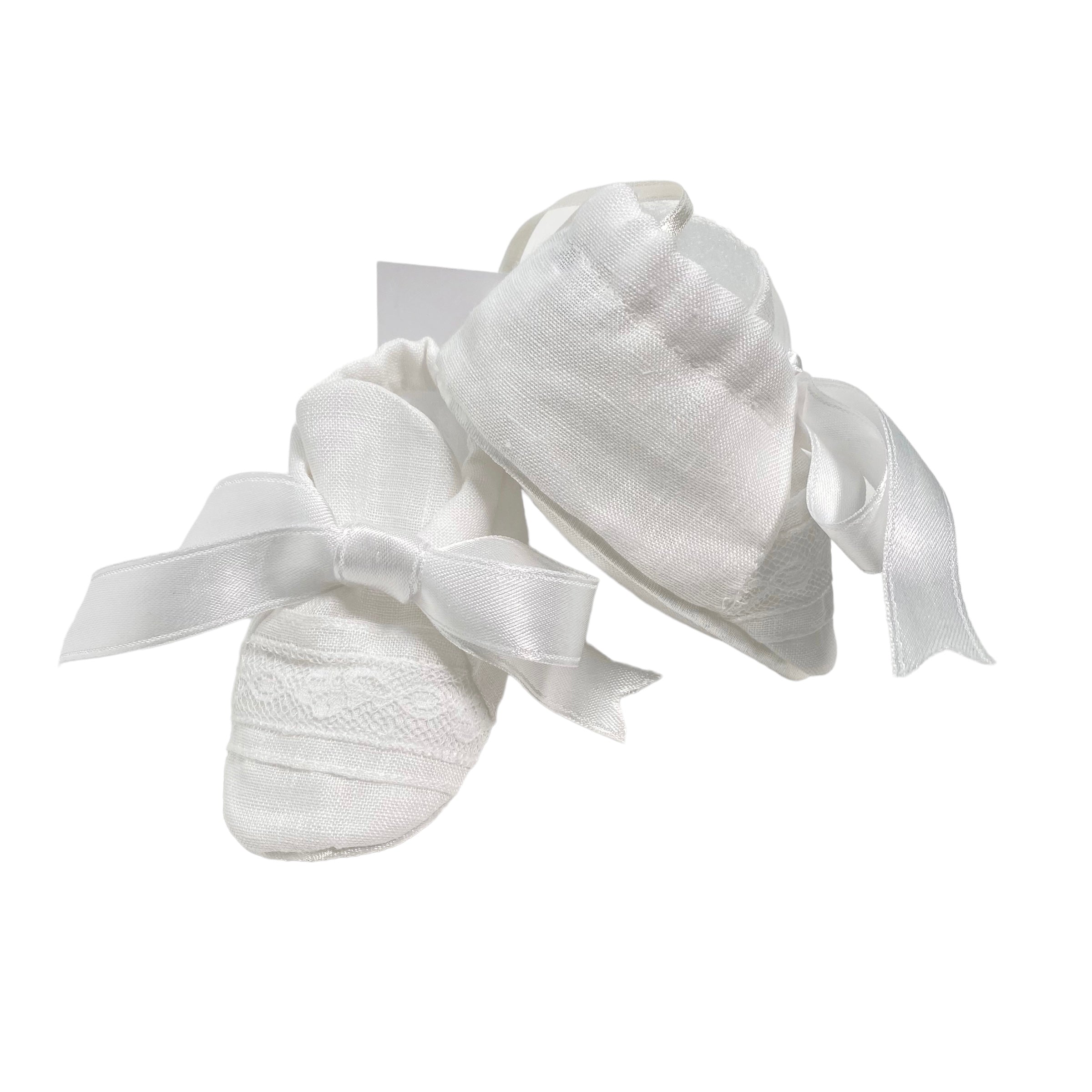 Scarpe Da Culla In Lino E Pizzo Bianche Neonato PICCOLA GIUGGIOLA LERICIS - PICCOLA GIUGGIOLA - Luxury Kids