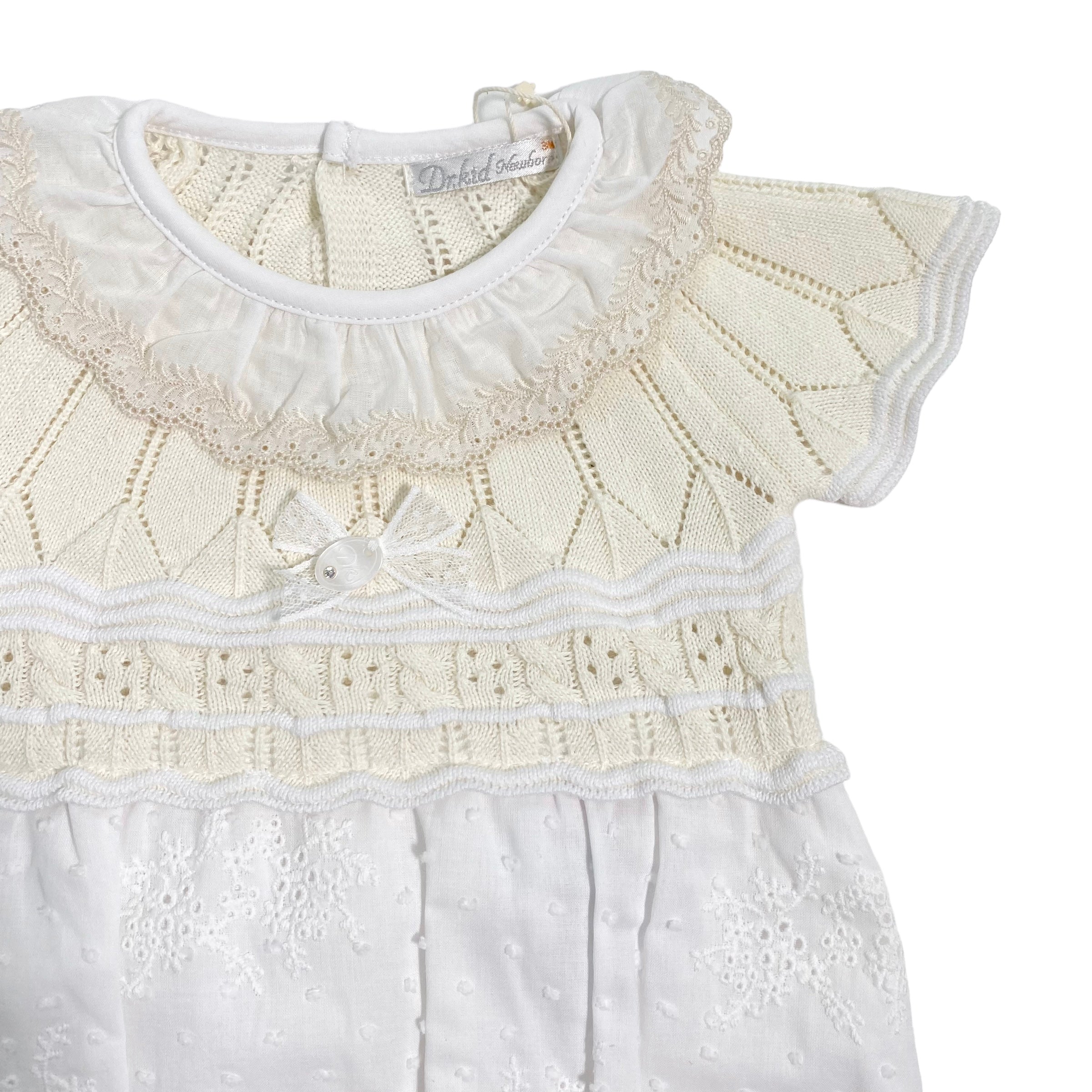 Pagliaccetto In Filo Di Cotone E Pizzo San Gallo Beige Neonata DR KID DK163 - DR KID - Luxury Kids