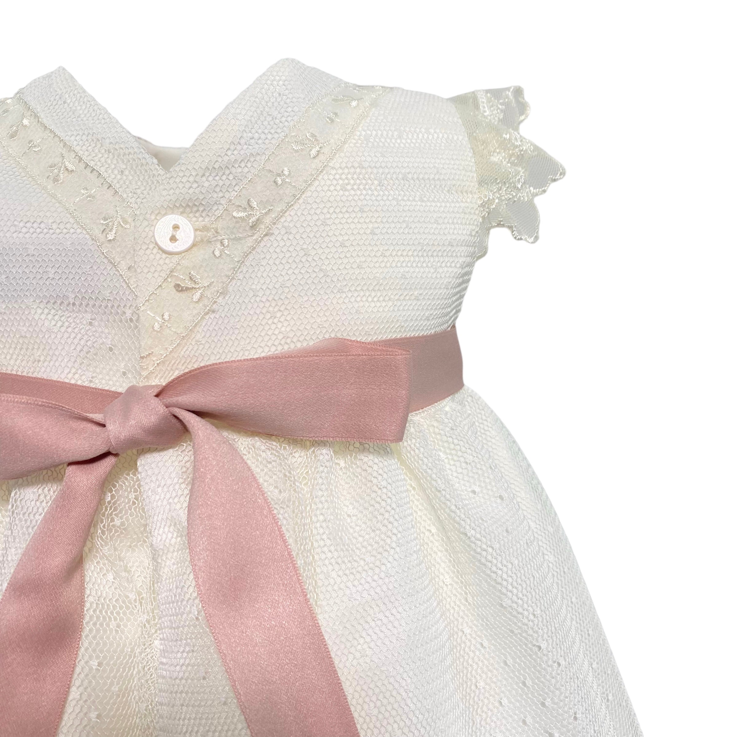 Abito Elegante Battesimale In Tulle Panna Neonata PONTO POR PONTO 5956 - PONTO POR PONTO - Luxury Kids