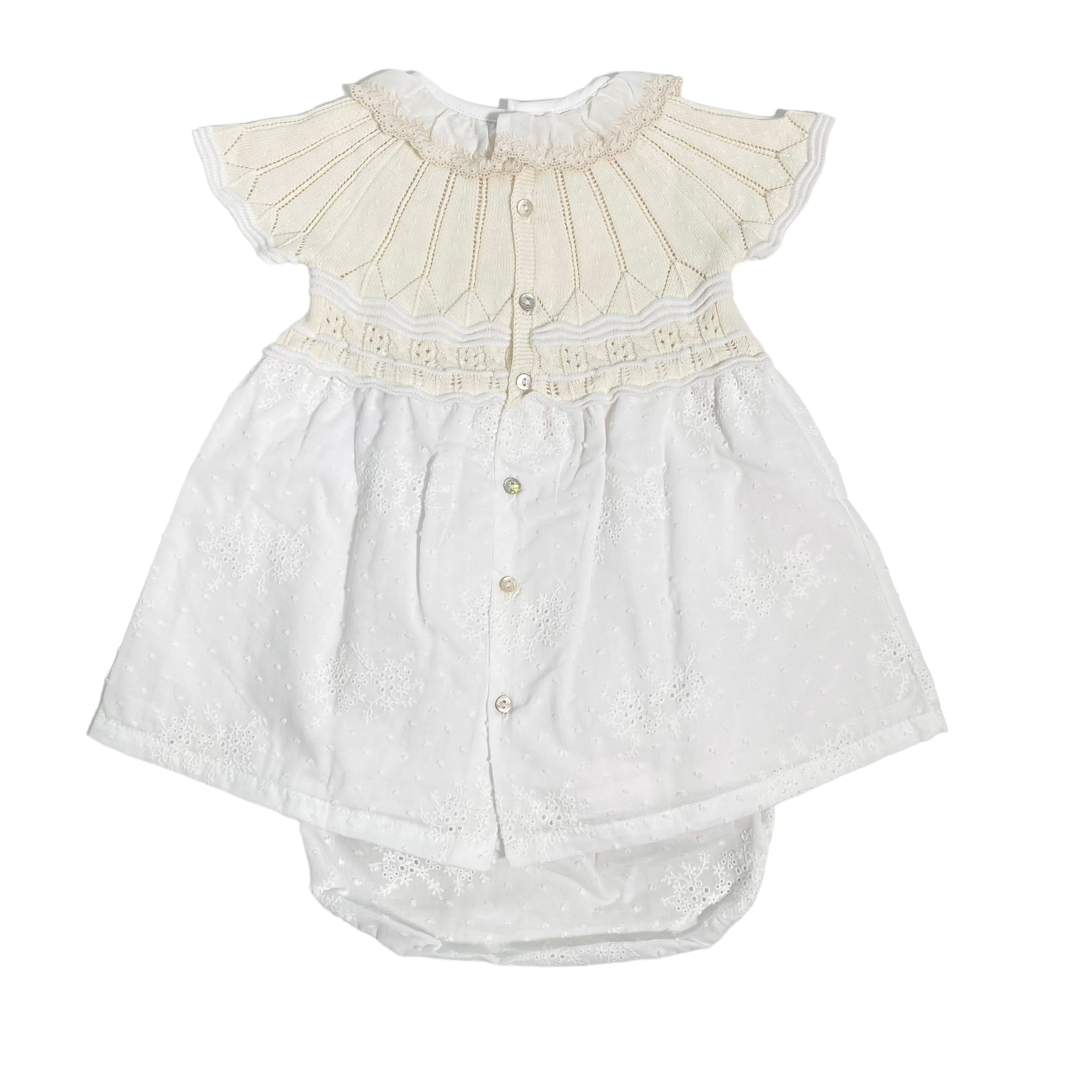 Abito Con Culotte In Cotone E Pizzo San Gallo Beige Neonata DR KID DK162 - DR KID - Luxury Kids