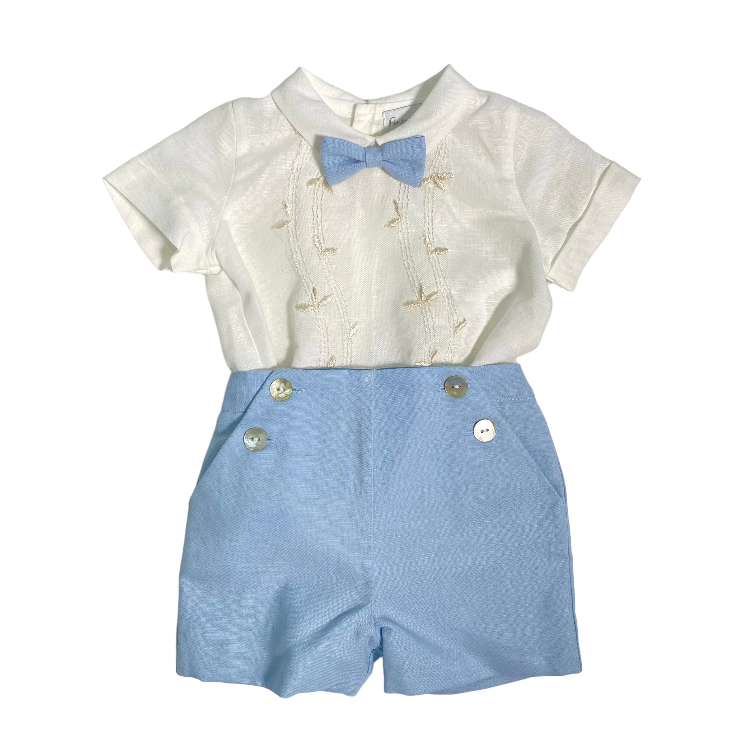 Completo Corto Elegante In Lino E Tulle Ricamato Con Bermuda Neonato PONTO POR PONTO 6123