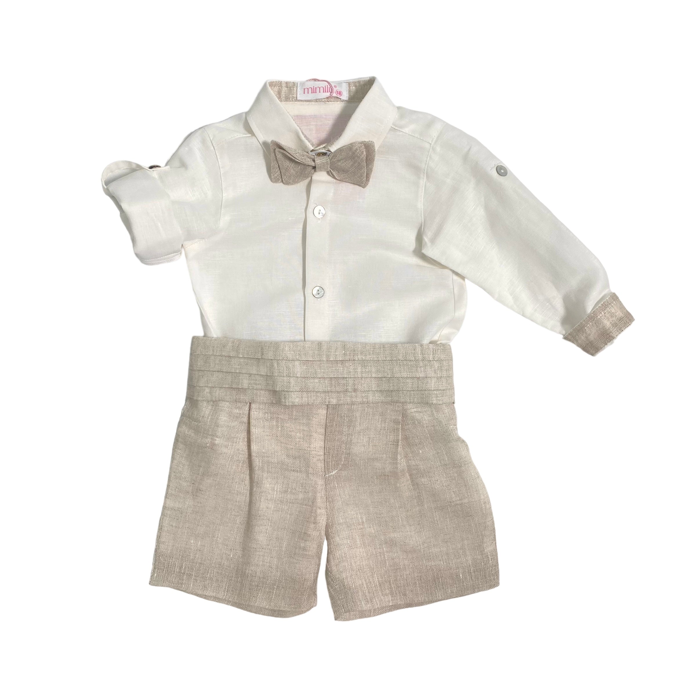 Completo Elegante In Lino Con Bermuda Camicia E Papillon Neonato MIMILU' 588N