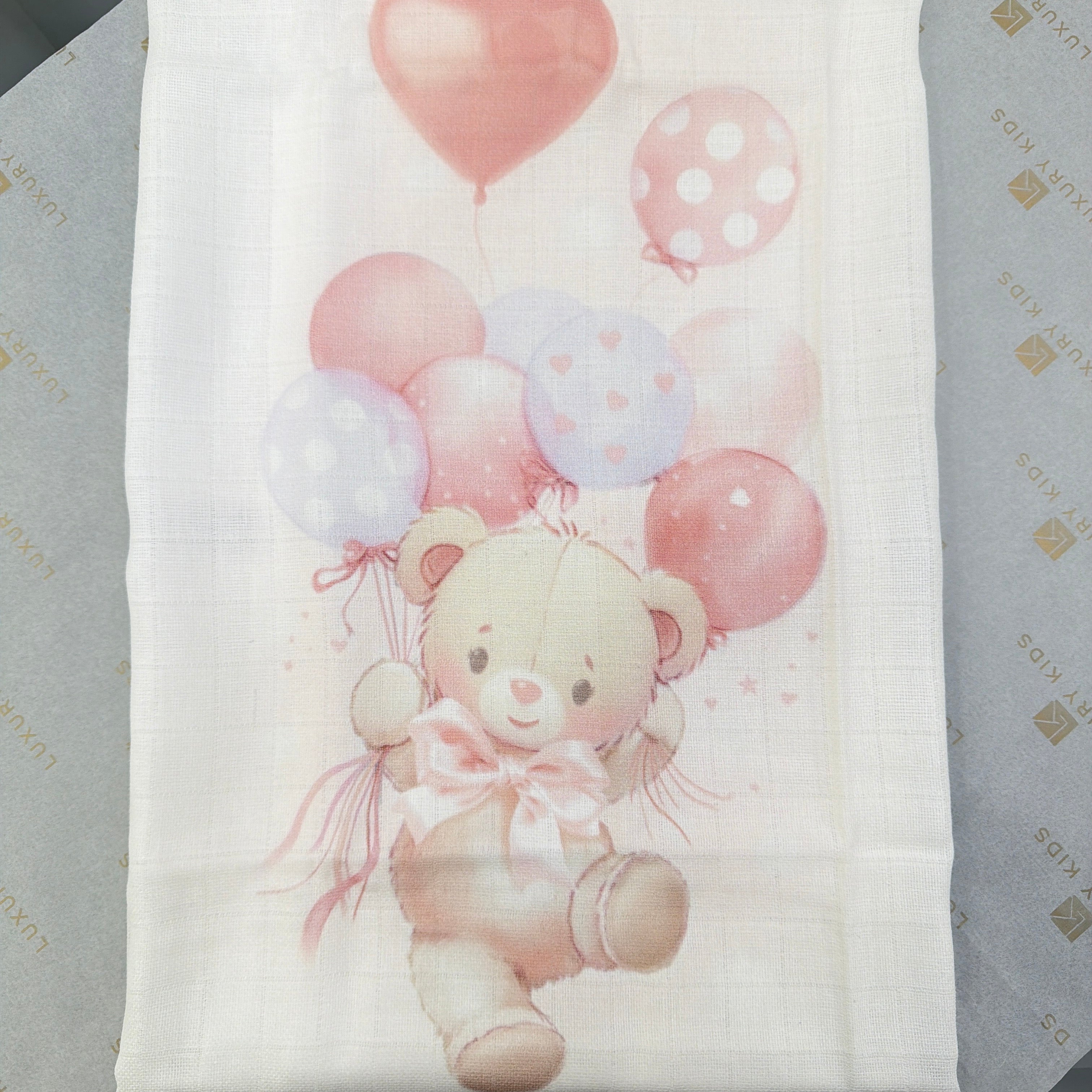 Mussola In Cotone Con Stampa Orso Con Palloncini Neonato/a FIRST BABY MUSLIN1