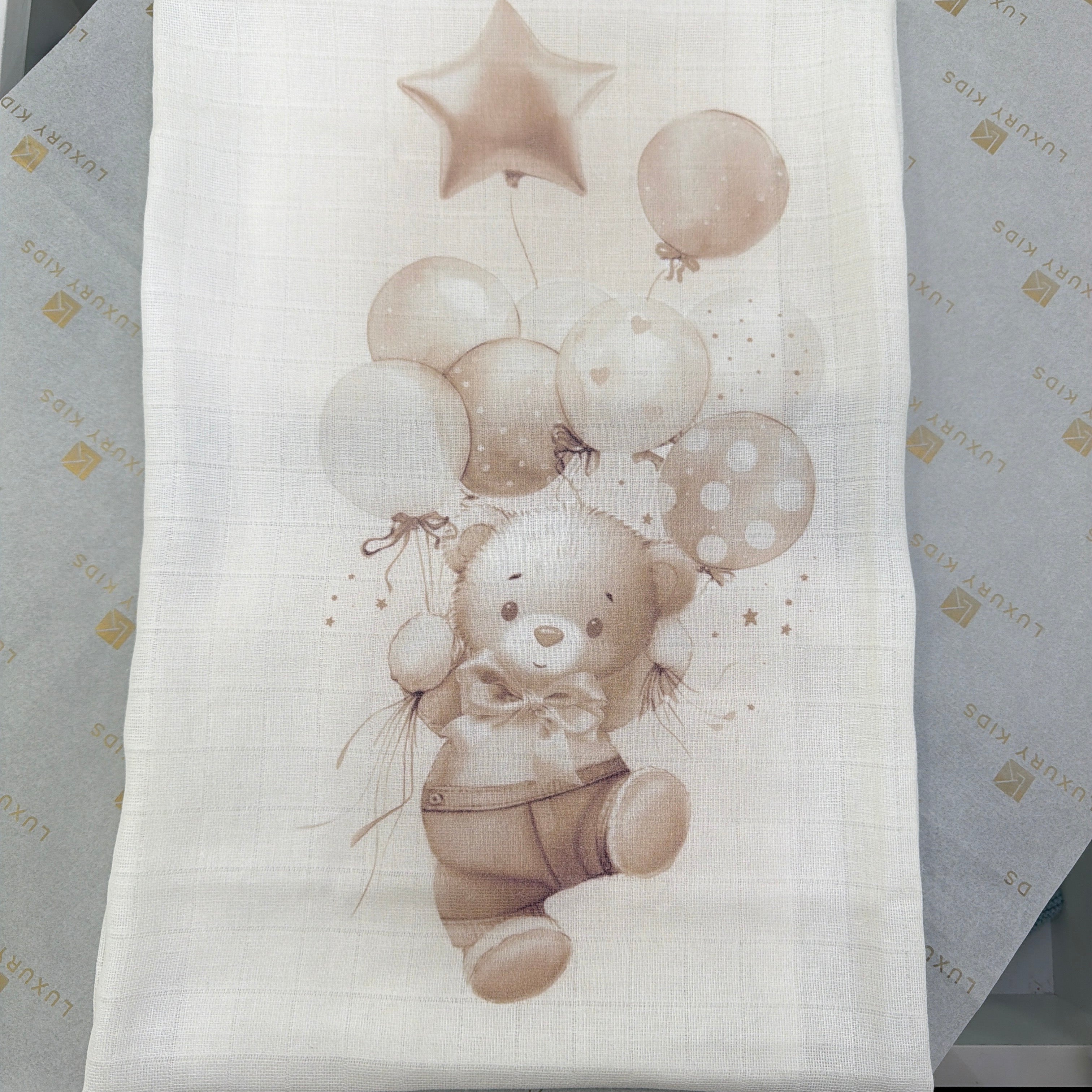 Mussola In Cotone Con Stampa Orso Con Palloncini Neonato/a FIRST BABY MUSLIN1