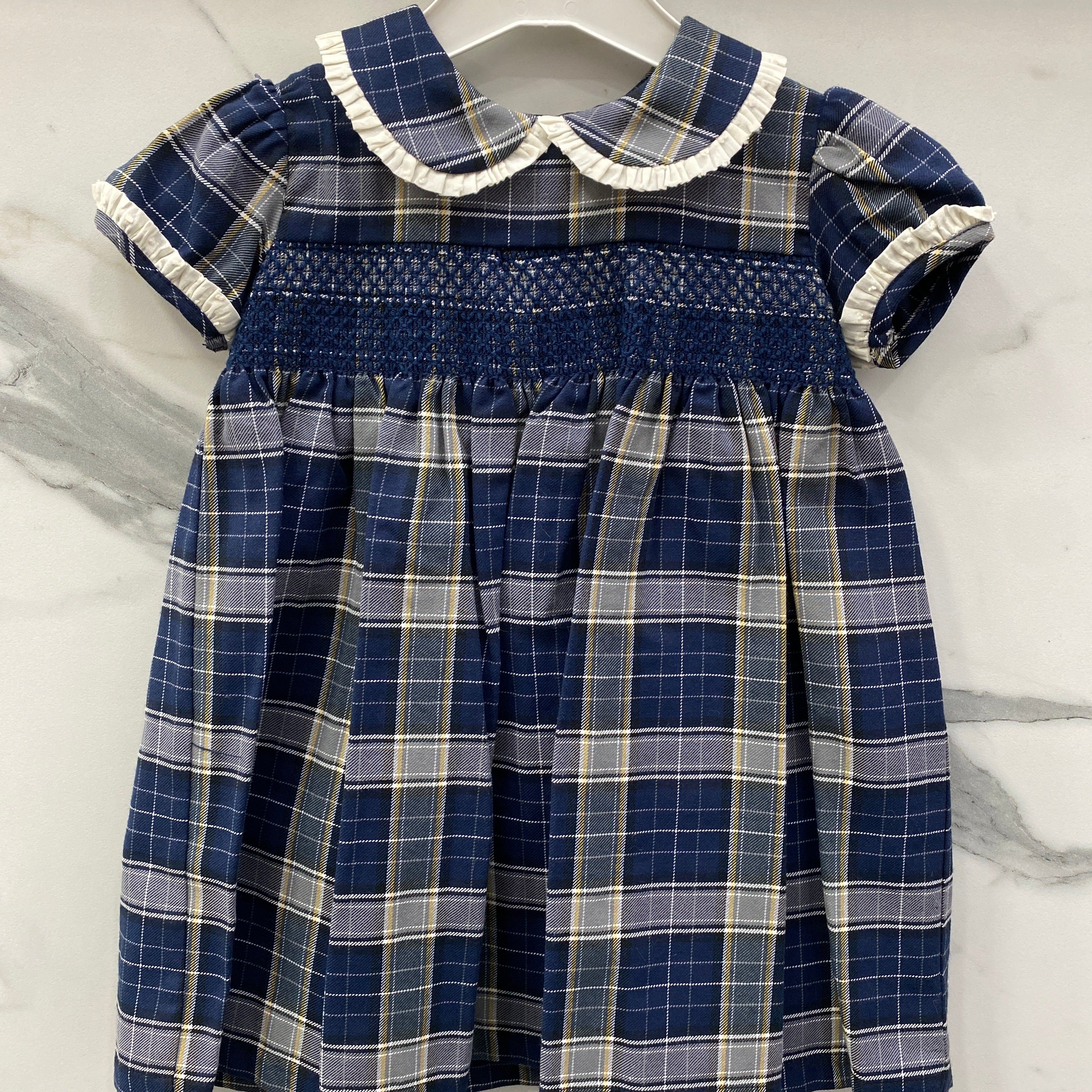 Warm Cotton Smocked Blue Checked Dress For Baby Girl A&amp;J 554