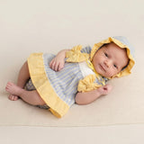 Cotton Dress With Culotte and Beanie Light Blue-Yellow Baby Girl DEL SUR 0180