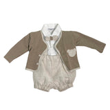 Completo Salopette Camicia Cardigan E Papillon In Lino Beige Neonato LA SARTORIA DEI PICCOLI LPB1111