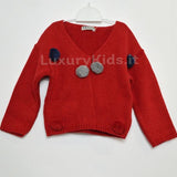 Cardigan in Misto Lana Rosso con Pon-Pon Neonata A&J 338 - A&J - LuxuryKids