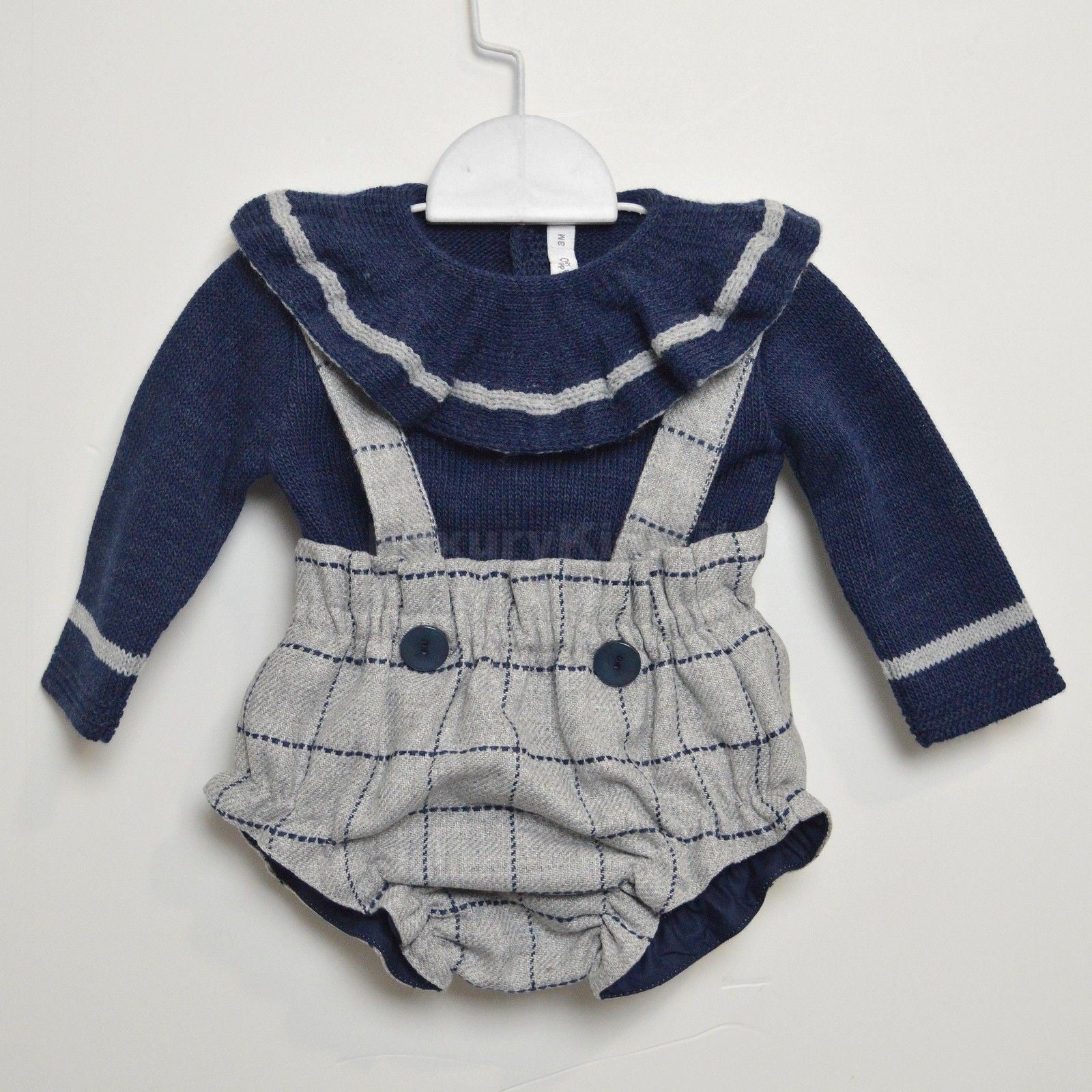 Completo Culotte con Fantasia a Quadri con Bretelle e Maglioncino Blu-Grigio Per Neonata Paloma de la O NI8BR1 - PALOMA DE LA O - LuxuryKids